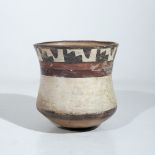 A PRE-COLUMBIAN, CHIMU, TERRACOTTA POT, with white painted ground to double banded rim 14cm high