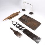 A MIXED LOT OF TRIBAL ITEMS, including a thumb piano, Hemba hair comb, ashanti gold weighing