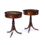 A PAIR OF REGENCY STYLE CIRCULAR DRUM TOP TABLES, each with brown Morocco leather tops above two