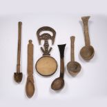 FIVE EAST AFRICAN WOODEN SPOONS, with a carved wooden mixer (6) provenance: TOMI VAN DUUREN