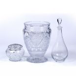 A HEAVY CUT GLASS TAPERING VASE with star base, 27cm high, A Waterford glass decanter and stopper,