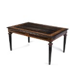 A 19TH CENTURY COROMANDEL, WALNUT AND EBONY BANDED AND IVORY INLAID LIBRARY TABLE, the rectangular