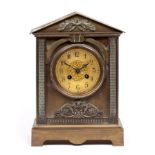 A 19TH CENTURY FRENCH GILT BRONZE MANTEL CLOCK, with apex top, the circular gilt dial with scroll