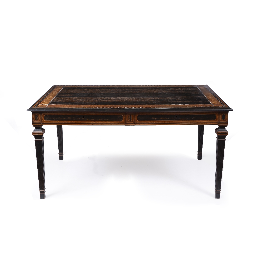 A 19TH CENTURY COROMANDEL, WALNUT AND EBONY BANDED AND IVORY INLAID LIBRARY TABLE, the rectangular - Image 3 of 6