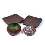 TWO RATTAN AND BAMBOO SQUARE TRAYS, with a carved wooden polychrome storage bowl plus another one