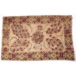 AN ANTIQUE CENTRAL ASIAN SMALL SUZANI or decorative tribal textile panel decorated sprays of