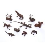 A BRONZE FIGURE OF A LIZARD, 17cm long, two miniature bronze figures of crocodiles, and seven