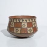 A PRE-COLUMBIAN, CHIMU, TERRACOTTA BOWL, with painted square pattern to a nabla symbol rim 15cm wide