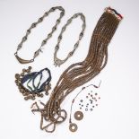 TWO AFRICAN BENIN BRONZED NECKLACES, made with elongated beads together with a large Masai metal