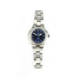 A LADY'S STAINLESS STEEL 'DYNAMIC' BRACELET WATCH BY OMEGA, circa 1970, the circular blue dial
