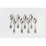 A MATCHED SET OF EIGHT 19TH CENTURY SILVER FIDDLE PATTERN TABLESPOONS, various dates and makers, and