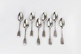A MATCHED SET OF EIGHT 19TH CENTURY SILVER FIDDLE PATTERN TABLESPOONS, various dates and makers, and