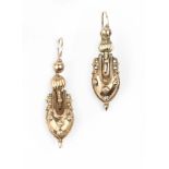 A PAIR OF VICTORIAN EAR PENDANTS, each hollow amphora-shaped drop suspended from a beaded