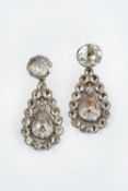 A PAIR OF LATE 18TH/EARLY 19TH CENTURY PASTE EAR PENDANTS, each suspending a pear-shaped cluster
