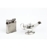 AN EDWARDIAN SILVER MINIATURE OIL LAMP, on oval pedestal foot, by Cornelius Desormeaux Saunders &