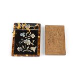 A 19TH CENTURY TORTOISESHELL CARD CASE, inlaid in mother of pearl with flowers, 10.5cm, and an