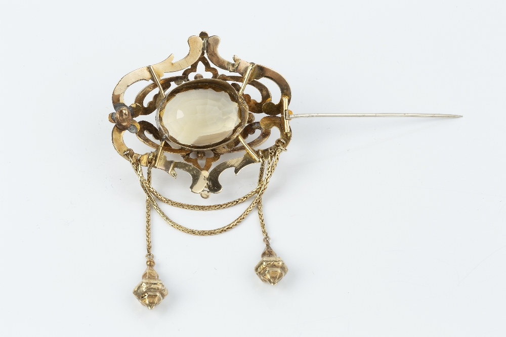 A VICTORIAN CITRINE PANEL BROOCH, the oval mixed-cut citrine in pinched collet setting, to a - Image 2 of 2