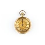 AN OPEN FACE FOB WATCH, the circular gilt dial with Roman numerals, to a keyless wind movement and
