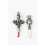 A LATE VICTORIAN SILVER BABY'S RATTLE AND WHISTLE, hung with bells and with coral teether, by