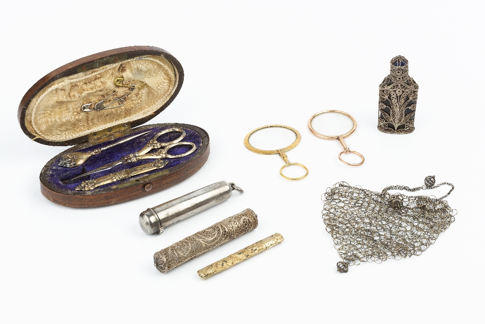 A 19TH CENTURY FRENCH SILVER GILT SEWING SET, comprising scissors, owl and needle case (lacking