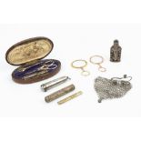 A 19TH CENTURY FRENCH SILVER GILT SEWING SET, comprising scissors, owl and needle case (lacking