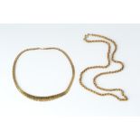 A 9CT GOLD FANCY-LINK COLLAR NECKLACE, designed as a line of graduated panels of textured finish,