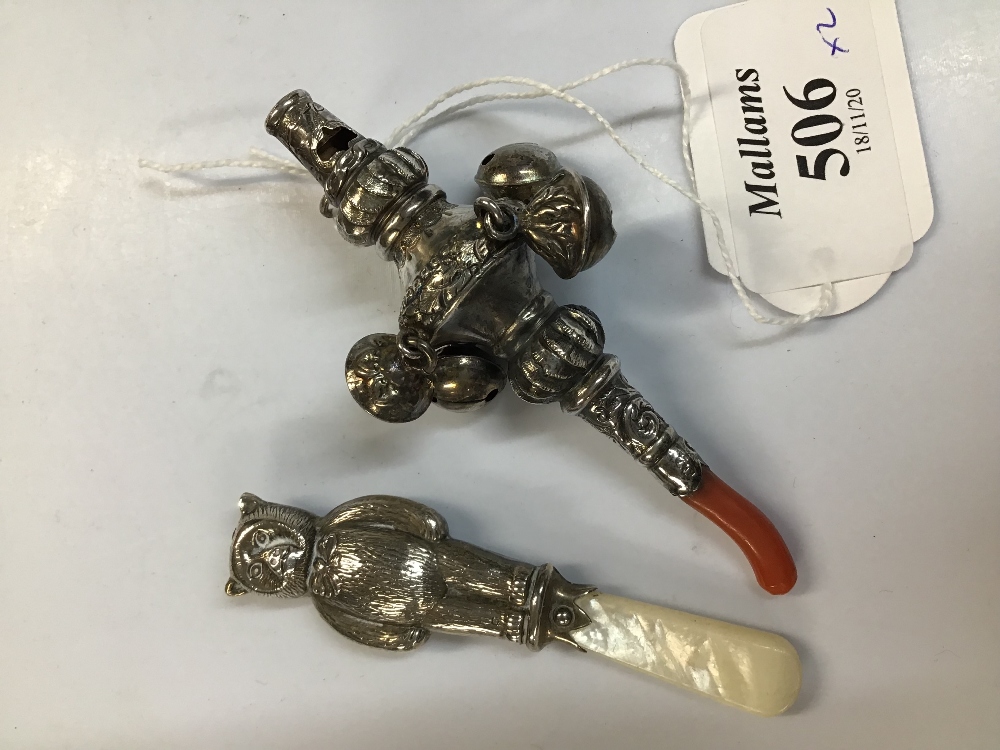 A LATE VICTORIAN SILVER BABY'S RATTLE AND WHISTLE, hung with bells and with coral teether, by - Image 4 of 4