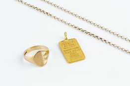 A FINE GOLD 1/4 OZ. INGOT PENDANT, issued by Credit Suisse, numbered 039884, a 9ct gold signet ring,