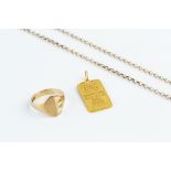 A FINE GOLD 1/4 OZ. INGOT PENDANT, issued by Credit Suisse, numbered 039884, a 9ct gold signet ring,