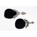AN EARLY 20TH CENTURY DUTCH SILVER MOUNTED BLACK VELVET EVENING BAG, the clasp mounts and attached