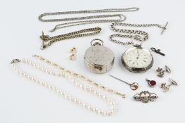 A COLLECTION OF JEWELLERY, comprising a cultured pearl and bead bracelet, the clasp stamped '375', a