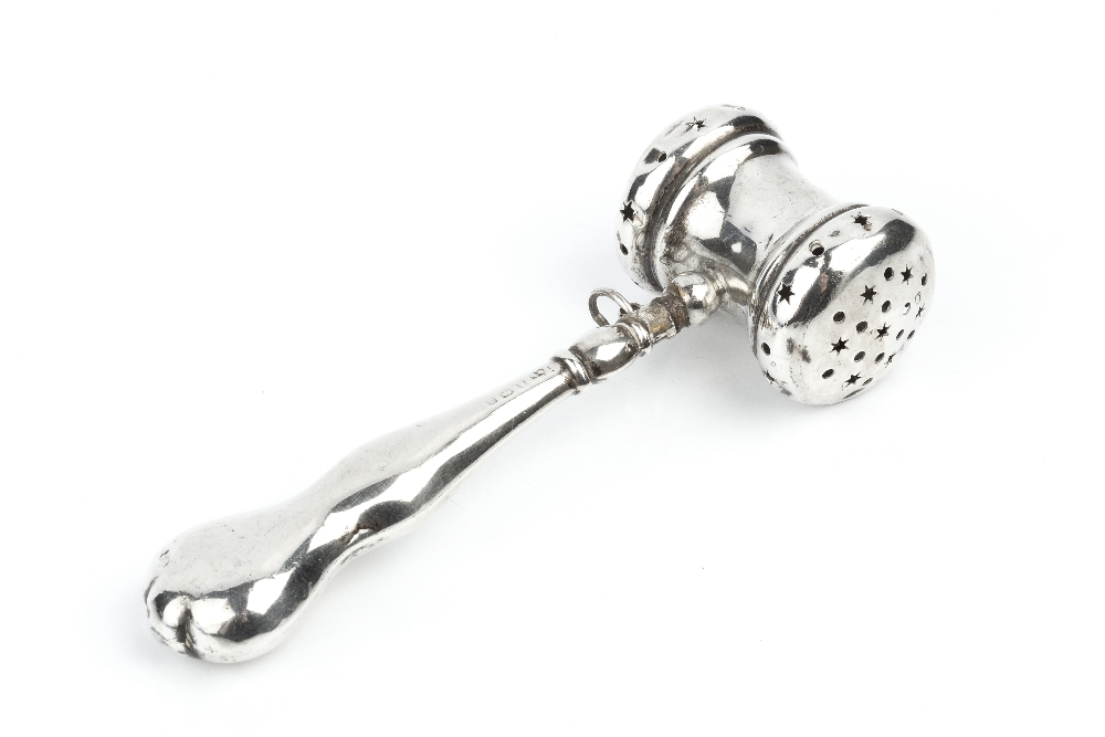 AN EDWARDIAN SILVER NOVELTY BABY'S RATTLE, in the form of a gavel, by Crisford & Norris Ltd,