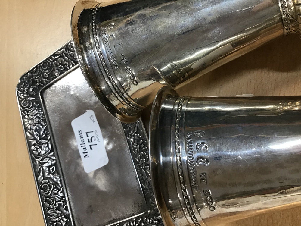 A PAIR OF GERMAN (HANAU) SILVER BEAKER VASES, of tapered form, with flared rims, import marks for - Image 4 of 4