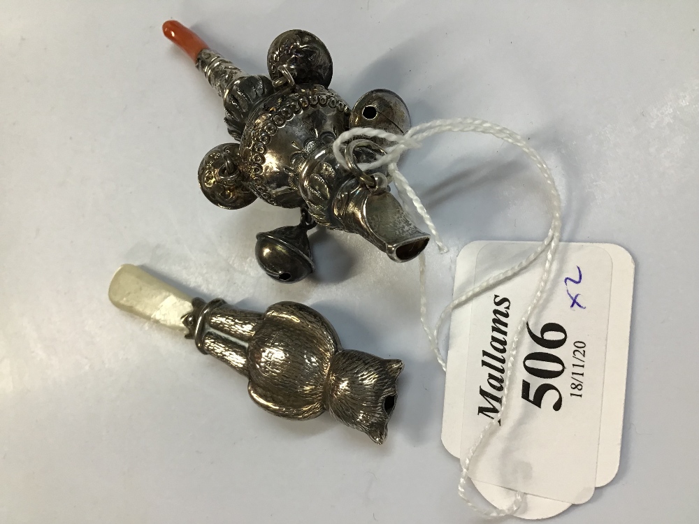 A LATE VICTORIAN SILVER BABY'S RATTLE AND WHISTLE, hung with bells and with coral teether, by - Image 3 of 4