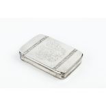 A LATE 18TH/EARLY 19TH CENTURY SILVER RECTANGULAR SNUFF BOX, with rounded corners, the hinged top
