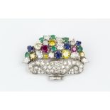 A DIAMOND AND GEM SET GIARDINETTO BROOCH, designed as a pierced and millegrained vase, pavé set with