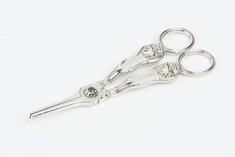 A PAIR OF GEORGE III SCOTTISH SILVER GRAPE SCISSORS, with scroll and shell cast decoration, by