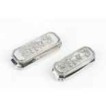 A LATE VICTORIAN SILVER RECTANGULAR SNUFF BOX, and a matching slightly smaller snuff box, with