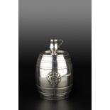 A LATE 19TH/EARLY 20TH CENTURY AMERICAN SILVER BISCUIT BARREL, in the form of a coopered barrel, the