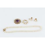 A COLLECTION OF CULTURED PEARL JEWELLERY, comprising an amethyst and cultured pearl oval panel