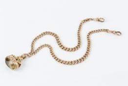 A 9CT GOLD ALBERT CHAIN WITH HARDSTONE SEAL FOB, the graduated curb-link chain with swivel clasps,