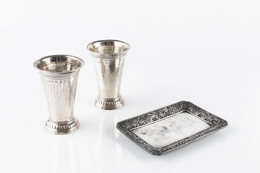A PAIR OF GERMAN (HANAU) SILVER BEAKER VASES, of tapered form, with flared rims, import marks for