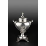 AN EARLY VICTORIAN SILVER TWIN HANDLED SAMOVAR AND COVER, the baluster body engraved with