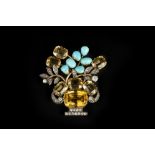 A DIAMOND AND VARI GEM-SET GIARDINETTO BROOCH, the old and rose-cut diamond edged vase issuing a
