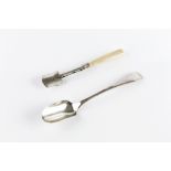 A GEORGE III SILVER CHEESE SCOOP, by Samuel Pemberton, Birmingham 1813, with faceted ivory handle,