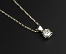 A DIAMOND SINGLE STONE PENDANT, the round brilliant-cut diamond in square four claw setting, white