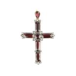 A GARNET AND DIAMOND CROSS PENDANT, designed as a cross of octagonal and circular mixed-cut garnets,