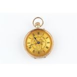 AN EDWARDIAN 12CT GOLD OPEN FACE FOB WATCH, the circular floral and foliate engraved dial with Roman