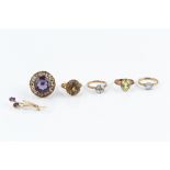 A COLLECTION OF JEWELLERY, comprising two single stone dress rings, 9ct gold mounted, three