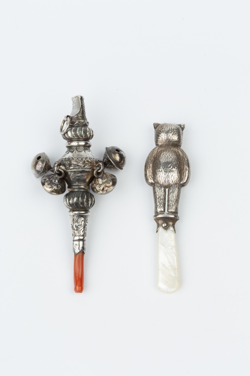 A LATE VICTORIAN SILVER BABY'S RATTLE AND WHISTLE, hung with bells and with coral teether, by - Image 2 of 4